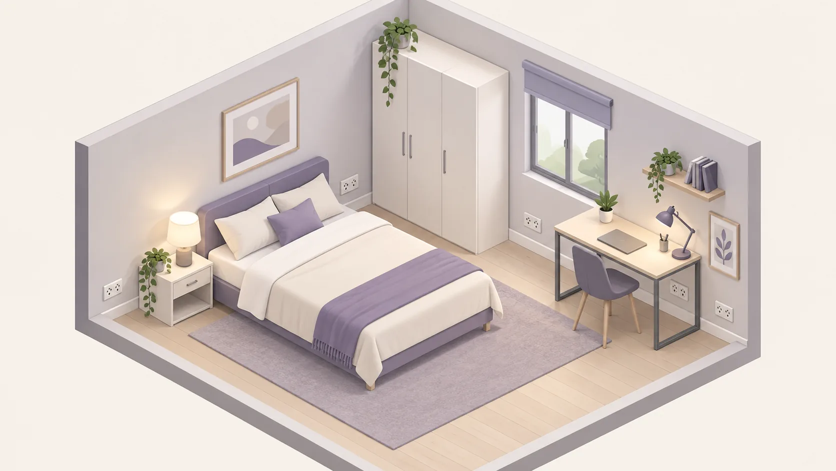 Elementos básicos para amueblar una habitación de alquiler: cama, armario, escritorio, iluminación y enchufes