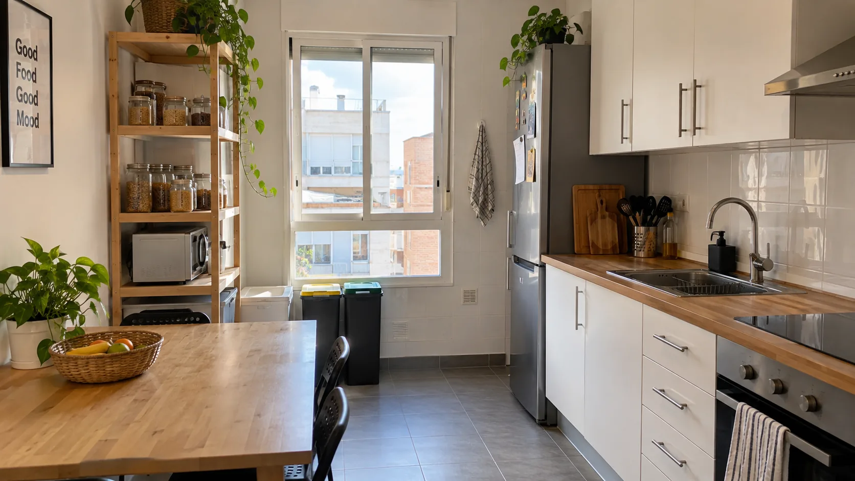 Cocina organizada para varias personas en un piso compartido, con nevera, despensa y superficie de trabajo despejada