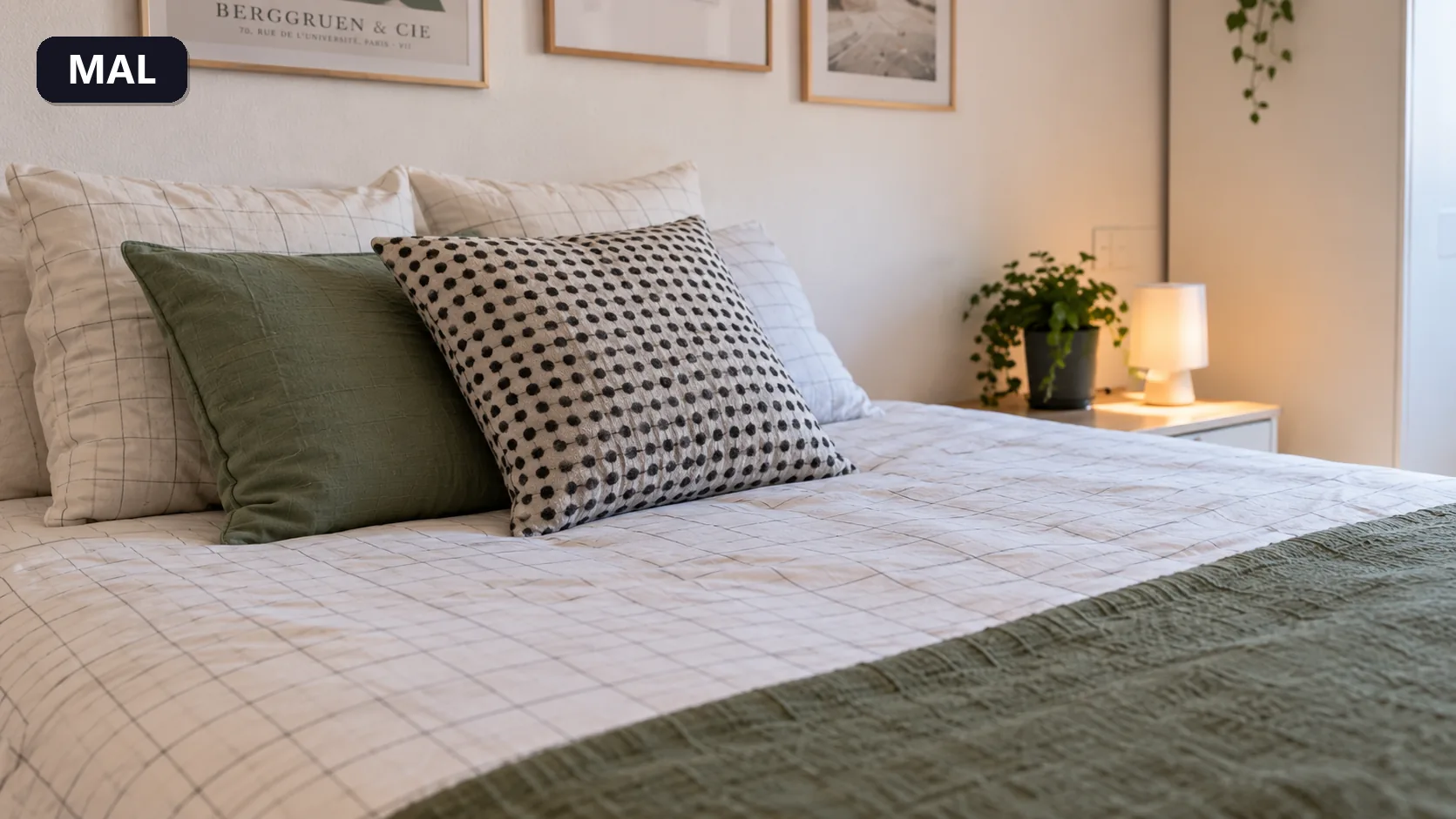 Encuadre incorrecto: primer plano cerrado solo sobre la cama, que no explica la habitación