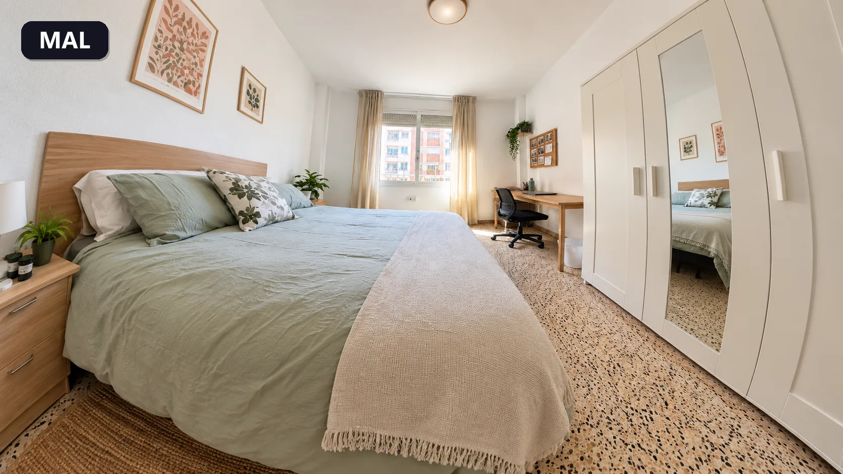 Gran angular exagerado: la cama parece enorme y las paredes se deforman, agrandando el cuarto de forma artificial