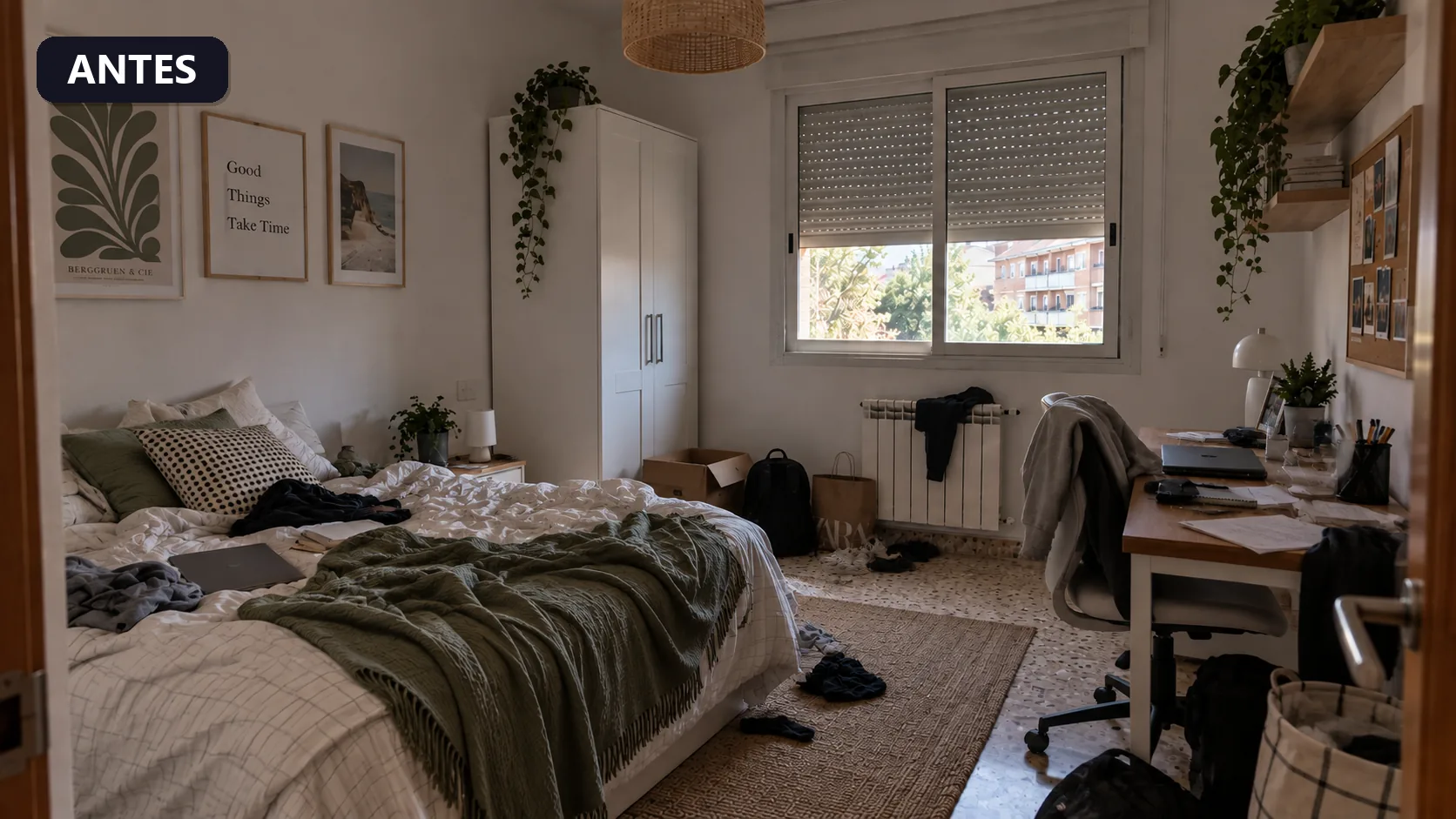 Antes: habitación de un piso compartido desordenada, con la cama sin hacer y objetos por medio