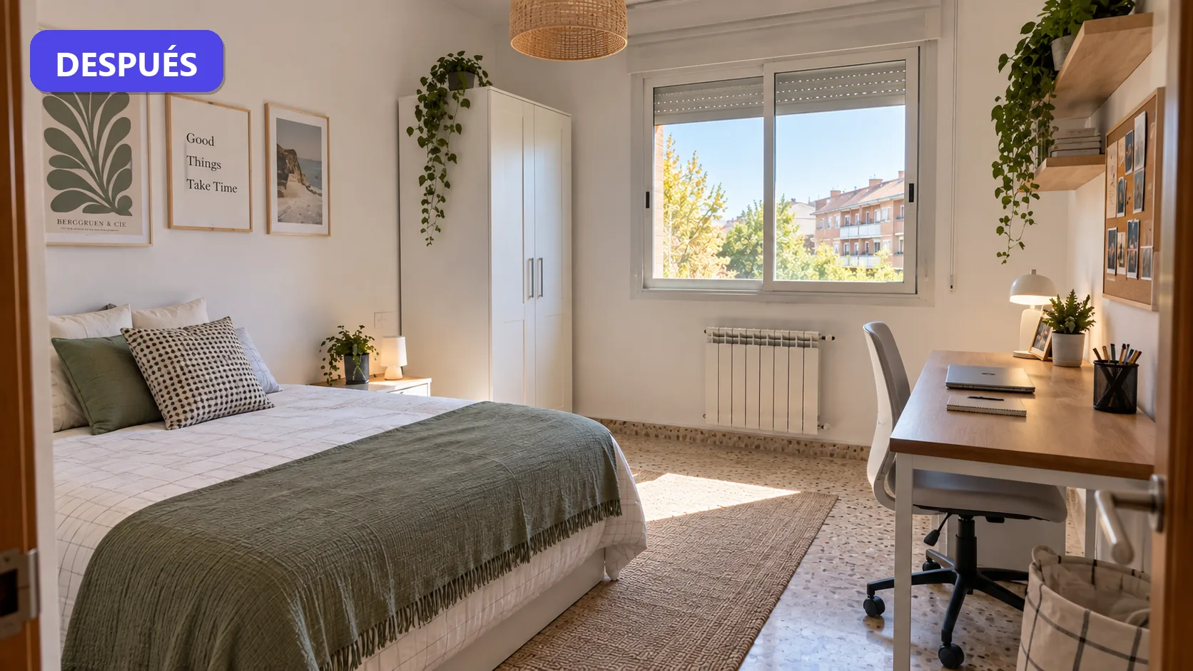 Después: la misma habitación ordenada, luminosa y lista para alquilar