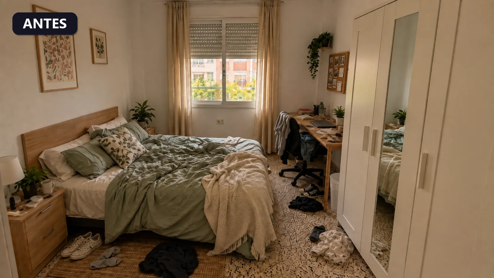 Antes: la misma habitación desordenada y con poca luz, difícil de fotografiar