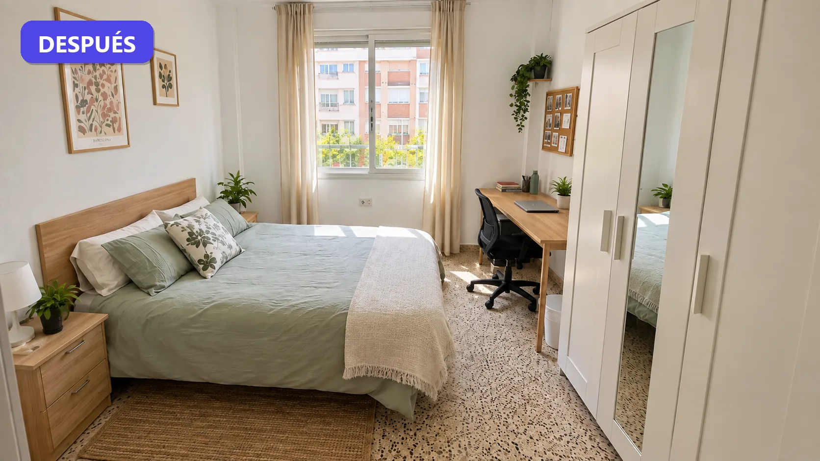 Después: la habitación ordenada y luminosa, lista para fotografiar